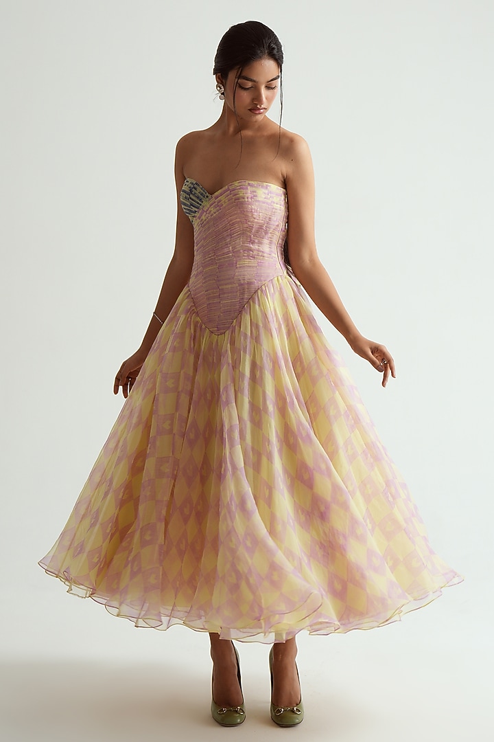 Butter Yellow Silk Organza Printed Strapless Midi Cocktail Dress by MMVM at Pernia's Pop Up Shop