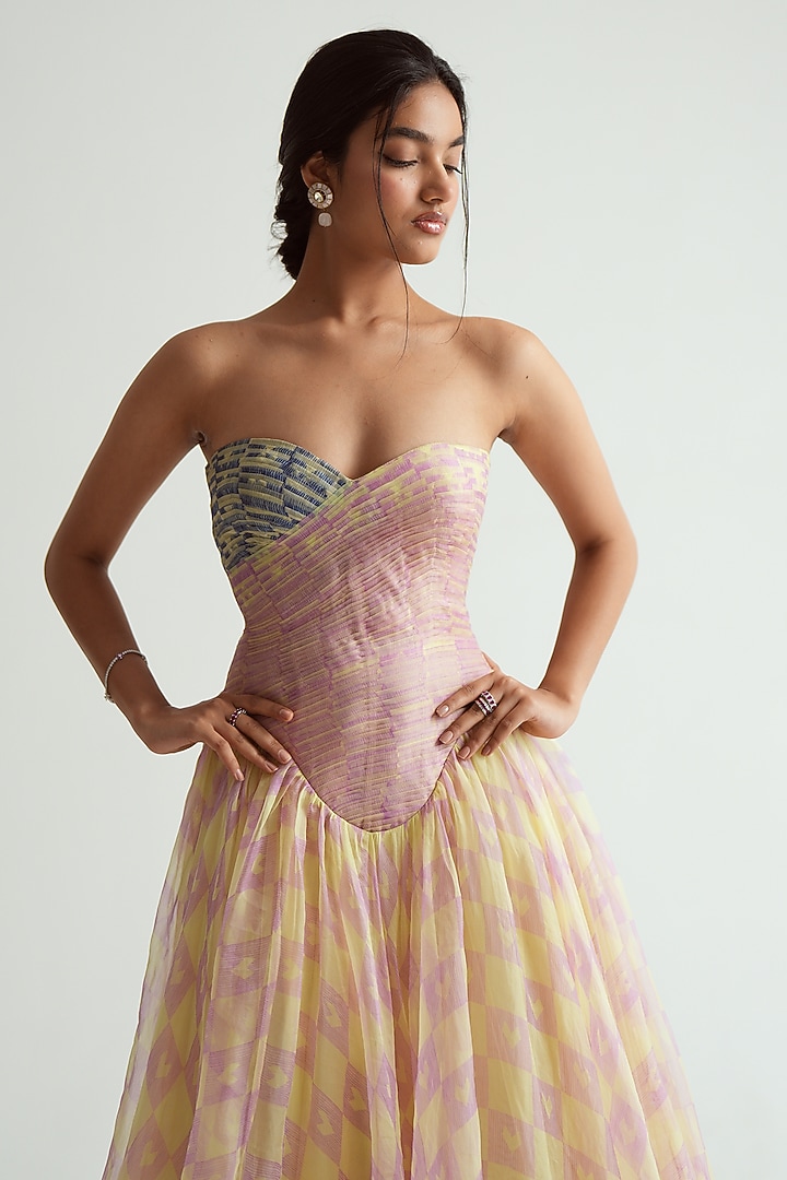 Butter Yellow Silk Organza Printed Strapless Midi Cocktail Dress by MMVM at Pernia's Pop Up Shop