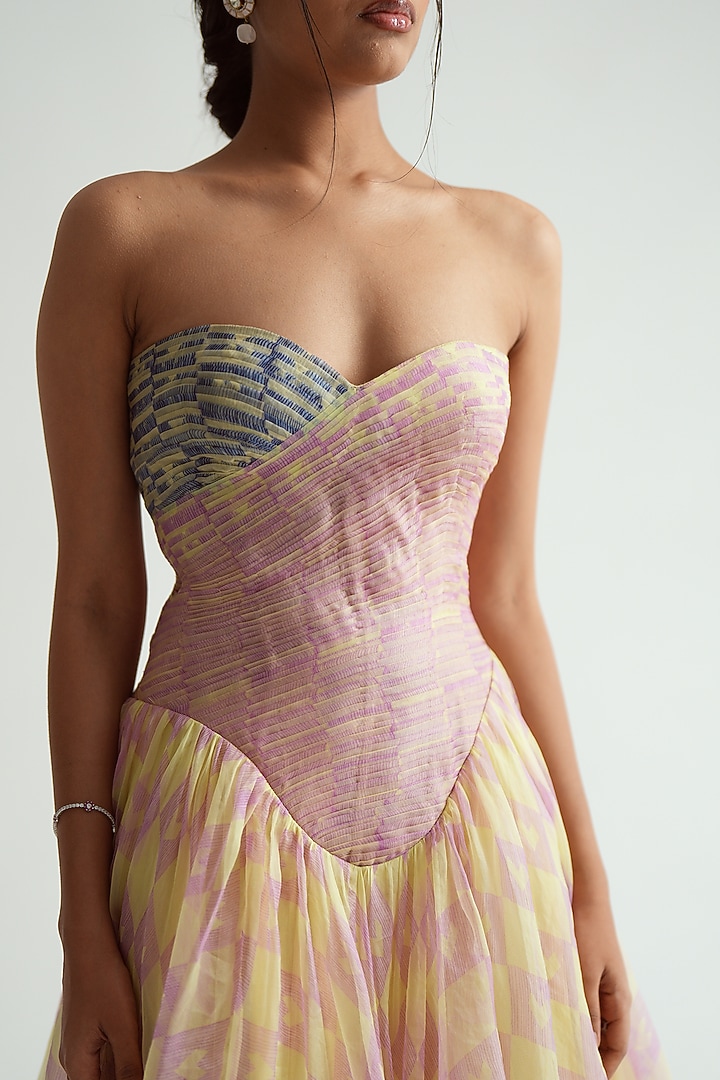 Butter Yellow Silk Organza Printed Strapless Midi Cocktail Dress by MMVM at Pernia's Pop Up Shop