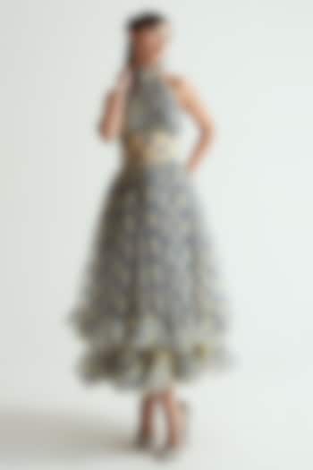 Navy Blue & Ivory Silk Organza Checkered Halter Midi Vacation Dress by MMVM at Pernia's Pop Up Shop