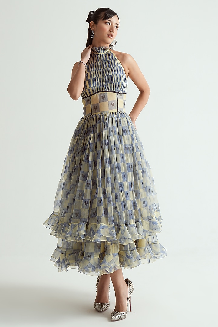 Navy Blue & Ivory Silk Organza Checkered Halter Midi Vacation Dress by MMVM at Pernia's Pop Up Shop