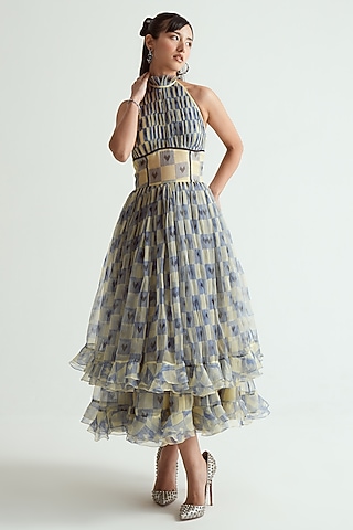 Navy Blue & Ivory Silk Organza Checkered Halter Midi Dress by MMVM