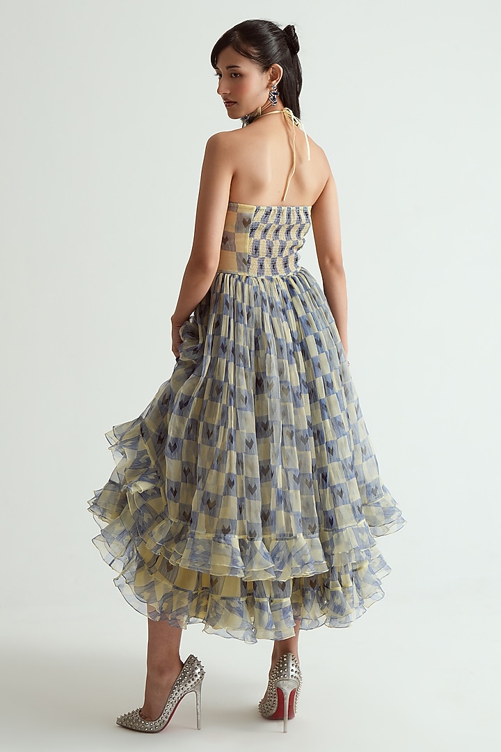 Navy Blue & Ivory Silk Organza Checkered Halter Midi Vacation Dress by MMVM at Pernia's Pop Up Shop