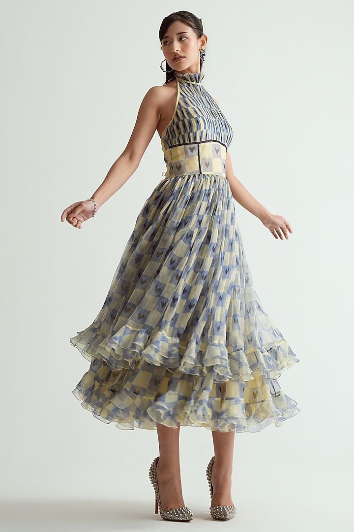 Navy Blue & Ivory Silk Organza Checkered Halter Midi Vacation Dress by MMVM at Pernia's Pop Up Shop