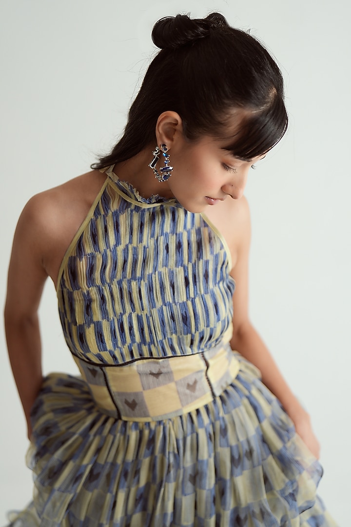 Navy Blue & Ivory Silk Organza Checkered Halter Midi Vacation Dress by MMVM at Pernia's Pop Up Shop