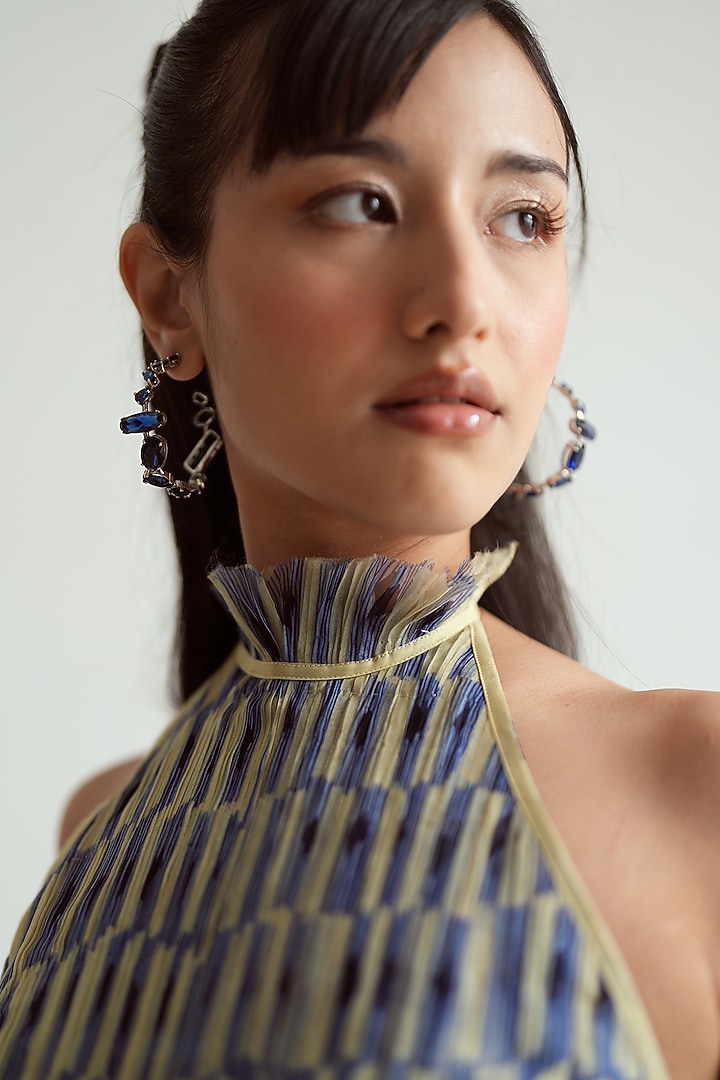 Navy Blue & Ivory Silk Organza Checkered Halter Midi Vacation Dress by MMVM at Pernia's Pop Up Shop