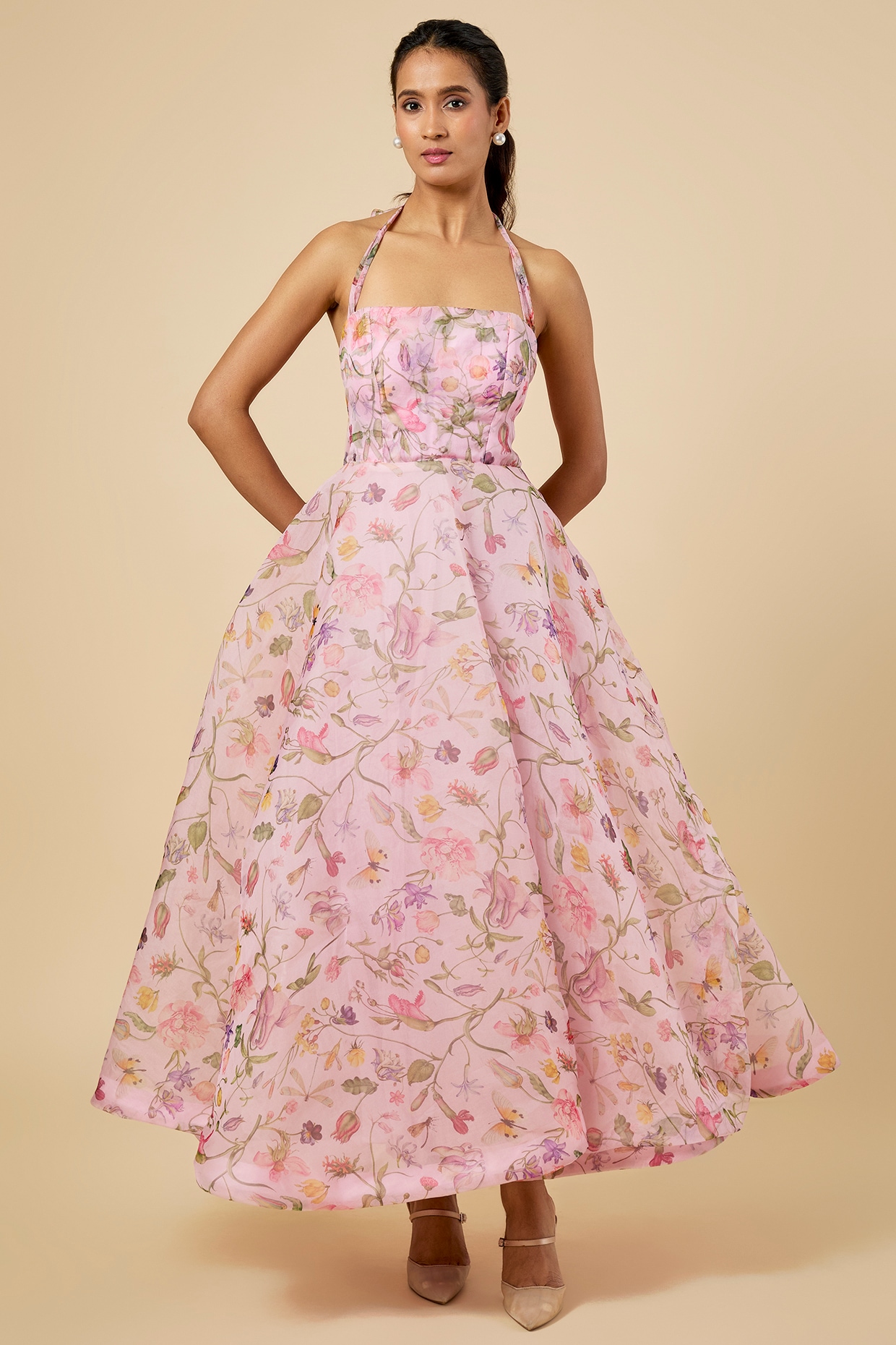 MMVM Pink Silk Organza Floral Printed Flared Midi Dress
