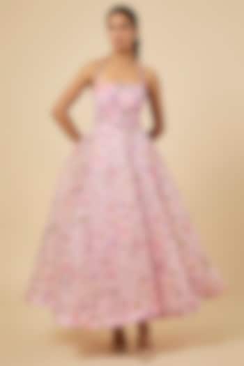 Pink Silk Organza Floral Printed Flared Midi Cocktail Dress by MMVM at Pernia's Pop Up Shop