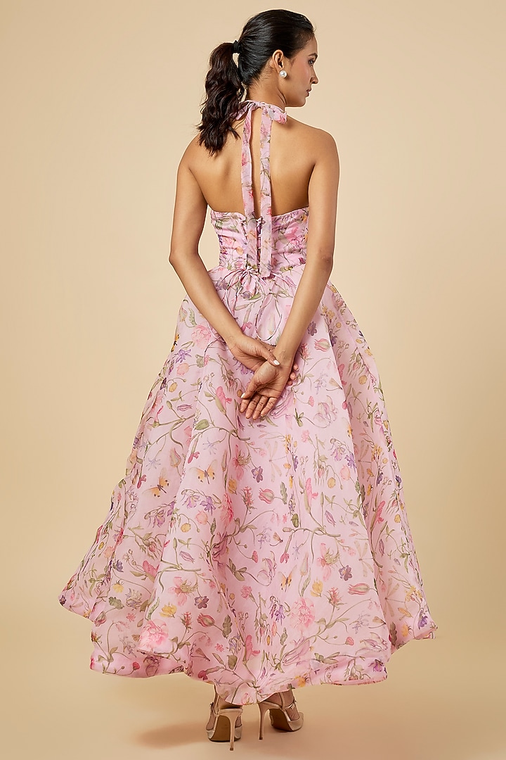 Pink Silk Organza Floral Printed Flared Midi Cocktail Dress by MMVM at Pernia's Pop Up Shop