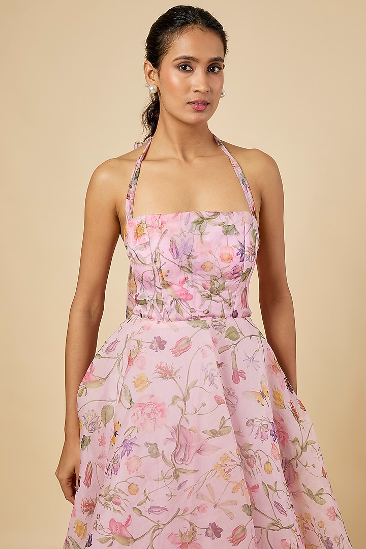 Pink Silk Organza Floral Printed Flared Midi Cocktail Dress by MMVM at Pernia's Pop Up Shop
