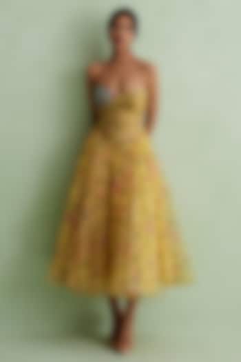 Butter Yellow Poplin Floral Printed Strapless Midi Cocktail Dress by MMVM at Pernia's Pop Up Shop