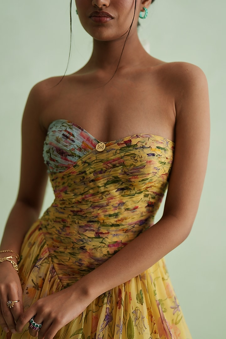 Butter Yellow Poplin Floral Printed Strapless Midi Cocktail Dress by MMVM at Pernia's Pop Up Shop