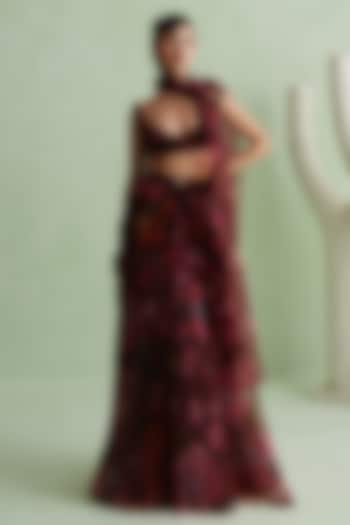 Cherry Red Silk Organza Floral Printed Draped Skirt Set by MMVM at Pernia's Pop Up Shop