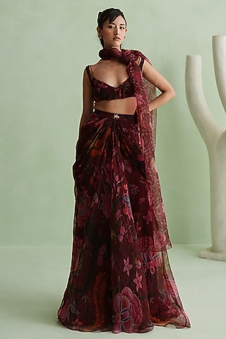 Cherry Red Silk Organza Floral Printed Draped Skirt Set by MMVM