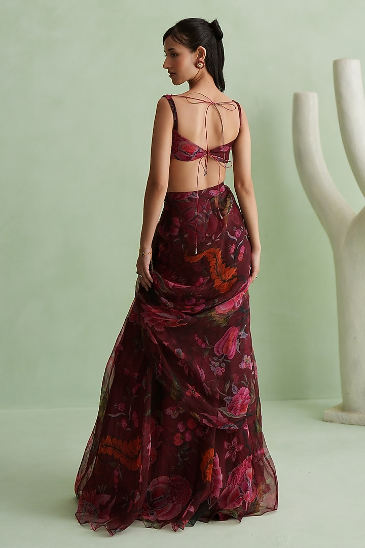 Cherry Red Silk Organza Floral Printed Draped Skirt Set by MMVM at Pernia's Pop Up Shop