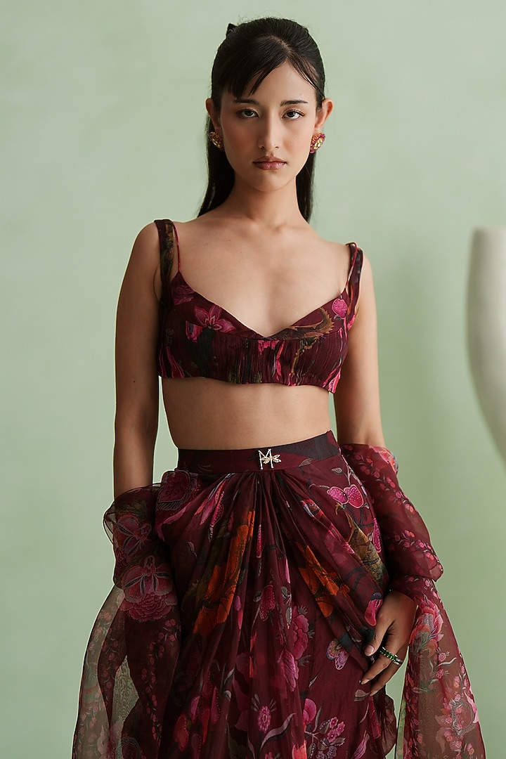 Cherry Red Silk Organza Floral Printed Draped Skirt Set by MMVM at Pernia's Pop Up Shop