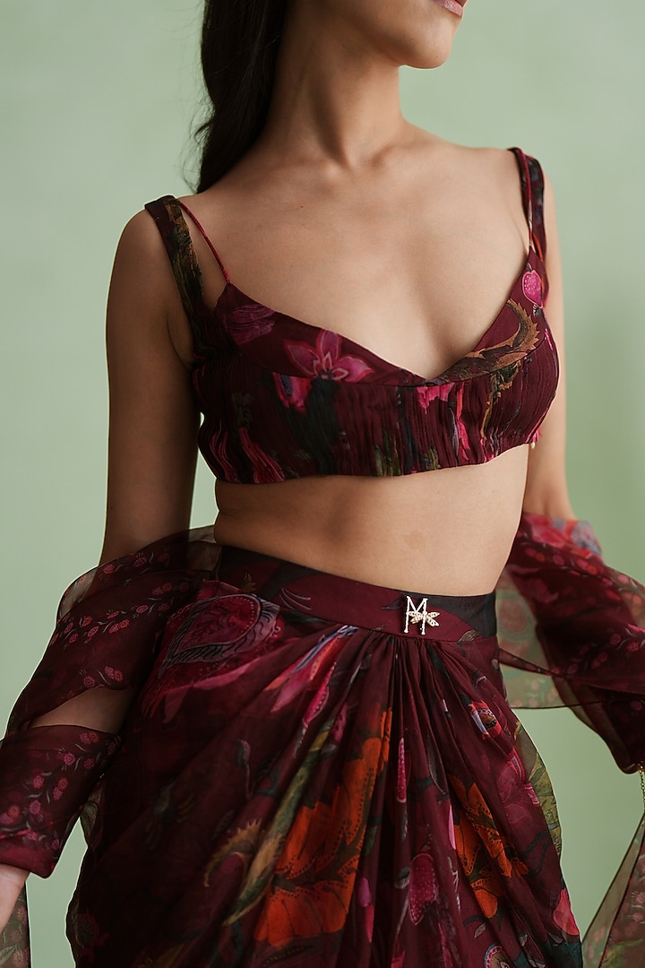 Cherry Red Silk Organza Floral Printed Draped Skirt Set by MMVM at Pernia's Pop Up Shop