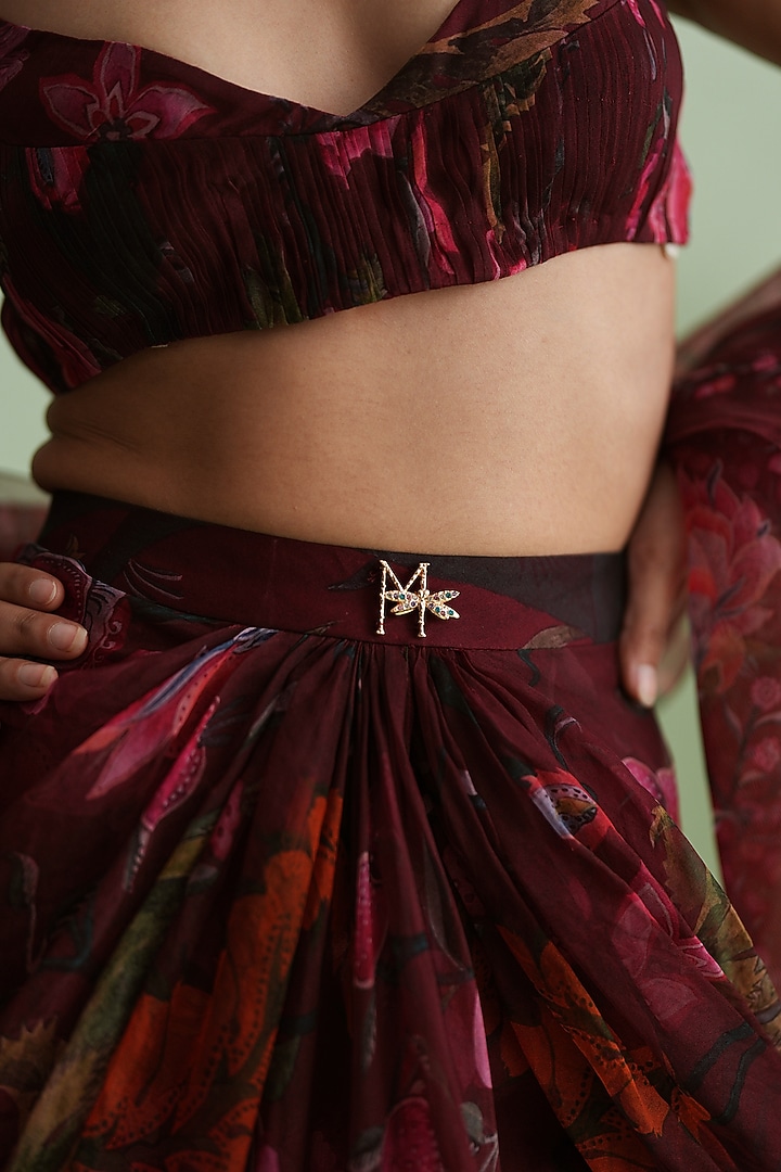 Cherry Red Silk Organza Floral Printed Draped Skirt Set by MMVM at Pernia's Pop Up Shop