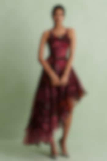 Cherry Red Silk Organza Floral Printed HIgh-Low Vacation Dress by MMVM at Pernia's Pop Up Shop
