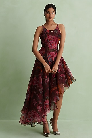 Cherry Red Silk Organza Floral Printed HIgh-Low Dress by MMVM