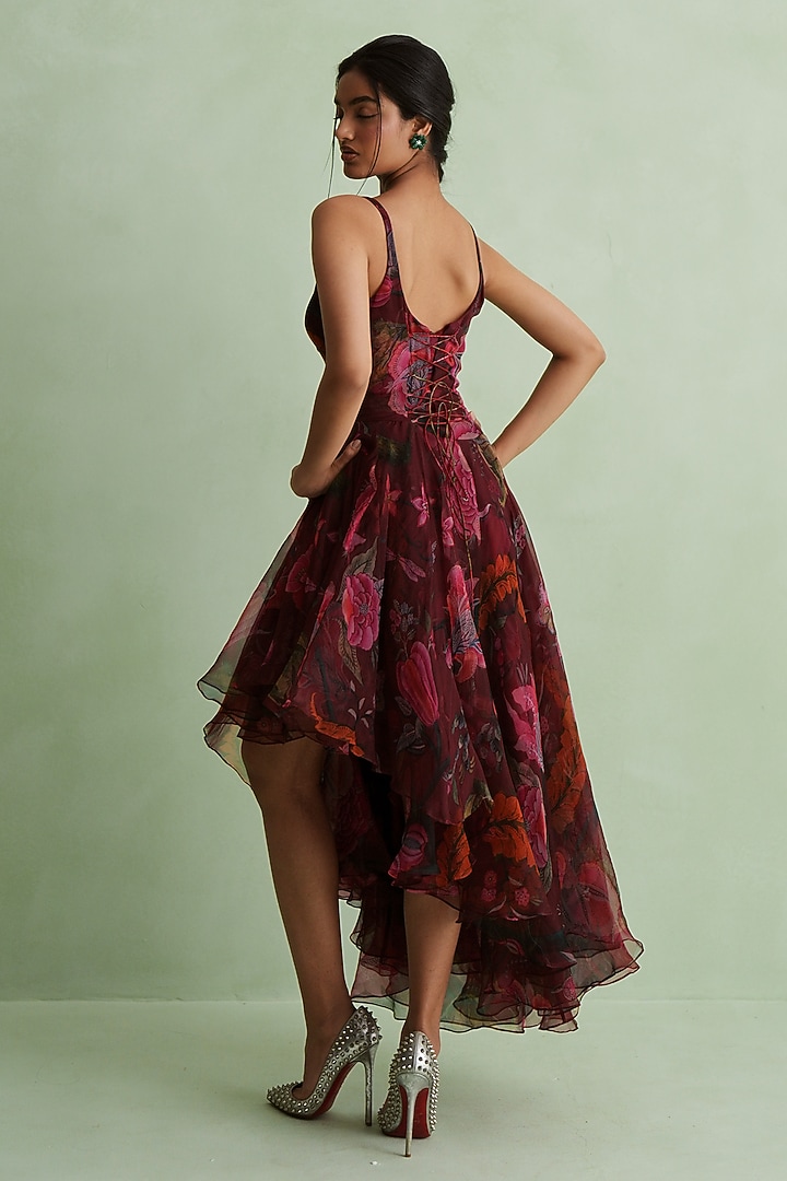 Cherry Red Silk Organza Floral Printed HIgh-Low Vacation Dress by MMVM at Pernia's Pop Up Shop