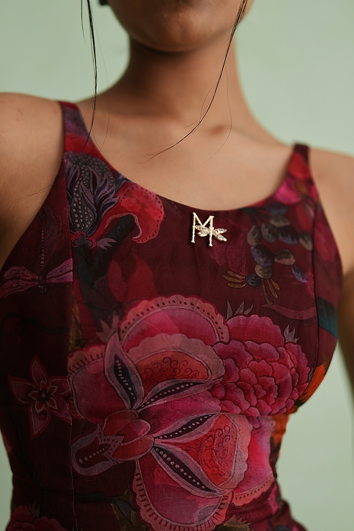 Cherry Red Silk Organza Floral Printed HIgh-Low Vacation Dress by MMVM at Pernia's Pop Up Shop