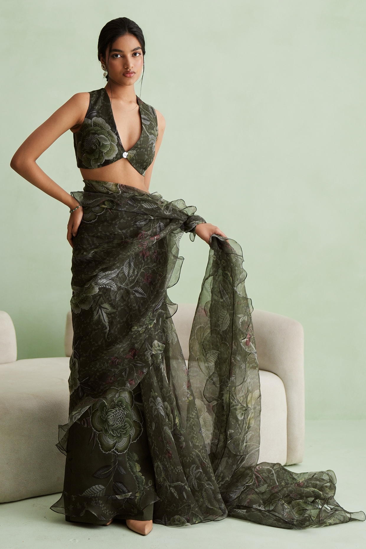 MMVM Moss Green Silk Organza Saree Set