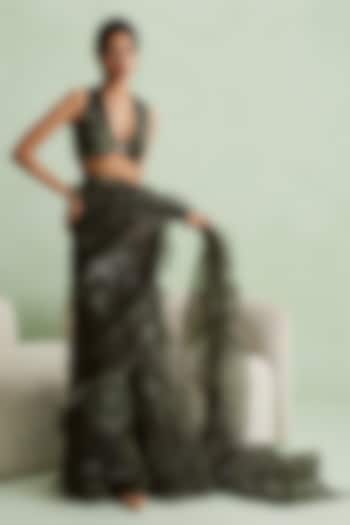 Moss Green Silk Organza Wedding Saree Set by MMVM at Pernia's Pop Up Shop
