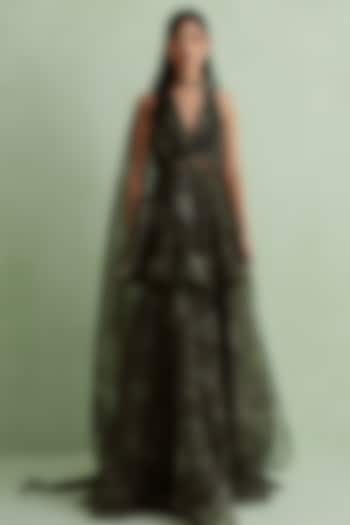Moss Green Silk Organza Floral Printed Wedding Sharara Set by MMVM at Pernia's Pop Up Shop
