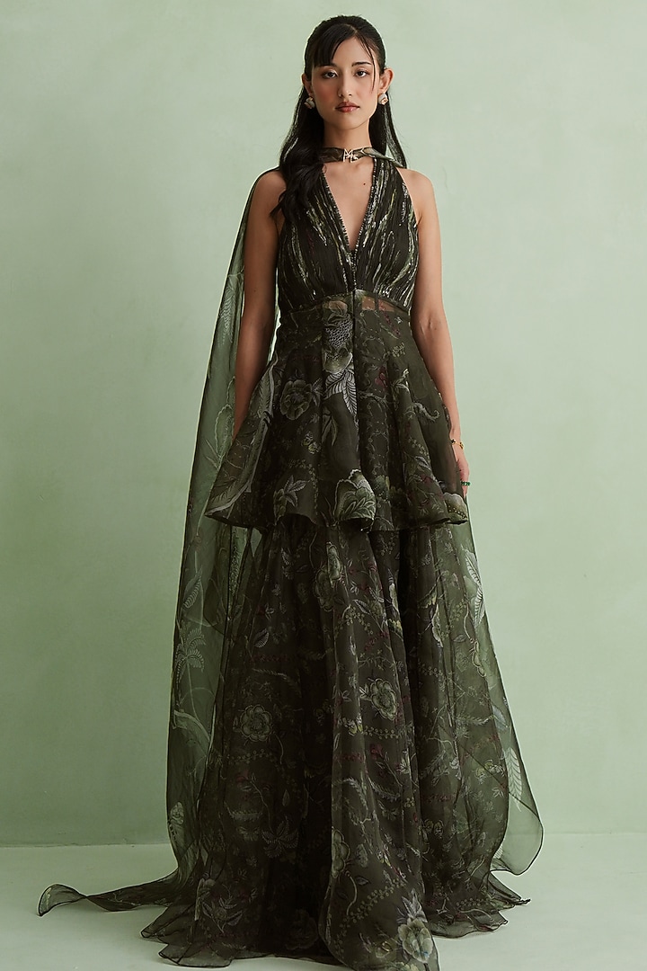 Moss Green Silk Organza Floral Printed Wedding Sharara Set by MMVM at Pernia's Pop Up Shop