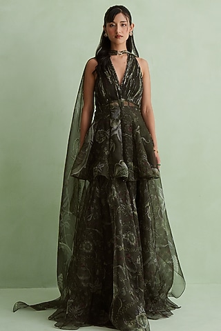 Moss Green Silk Organza Floral Printed Sharara Set by MMVM