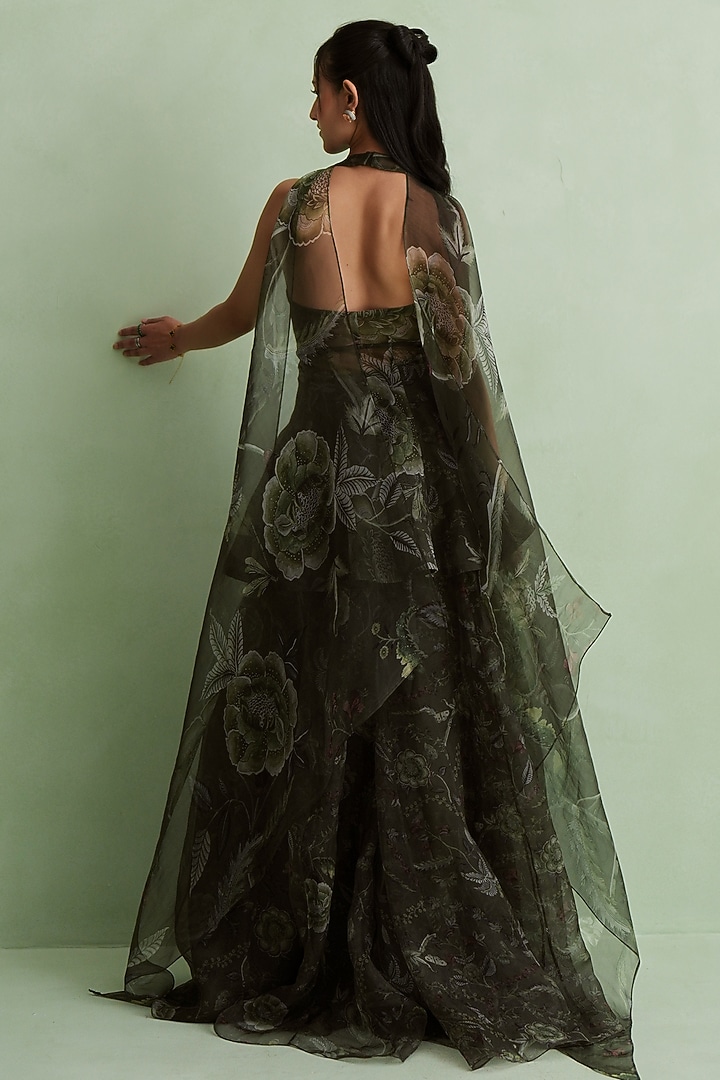 Moss Green Silk Organza Floral Printed Wedding Sharara Set by MMVM at Pernia's Pop Up Shop