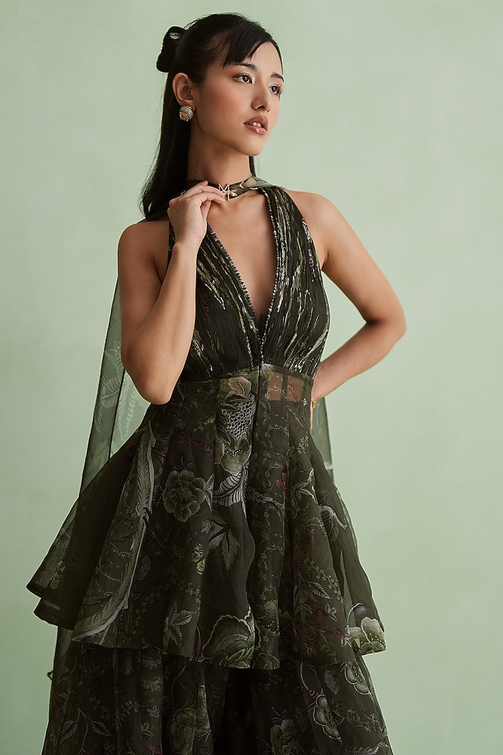 Moss Green Silk Organza Floral Printed Wedding Sharara Set by MMVM at Pernia's Pop Up Shop