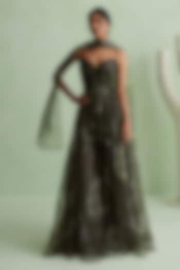 Moss Green Silk Organza Floral Printed Wedding Sharara Set by MMVM at Pernia's Pop Up Shop