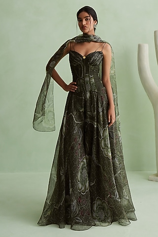 Moss Green Silk Organza Floral Printed Sharara Set by MMVM