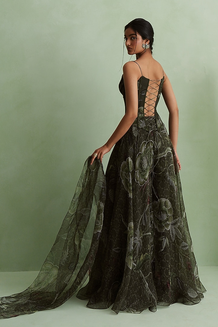 Moss Green Silk Organza Floral Printed Wedding Sharara Set by MMVM at Pernia's Pop Up Shop