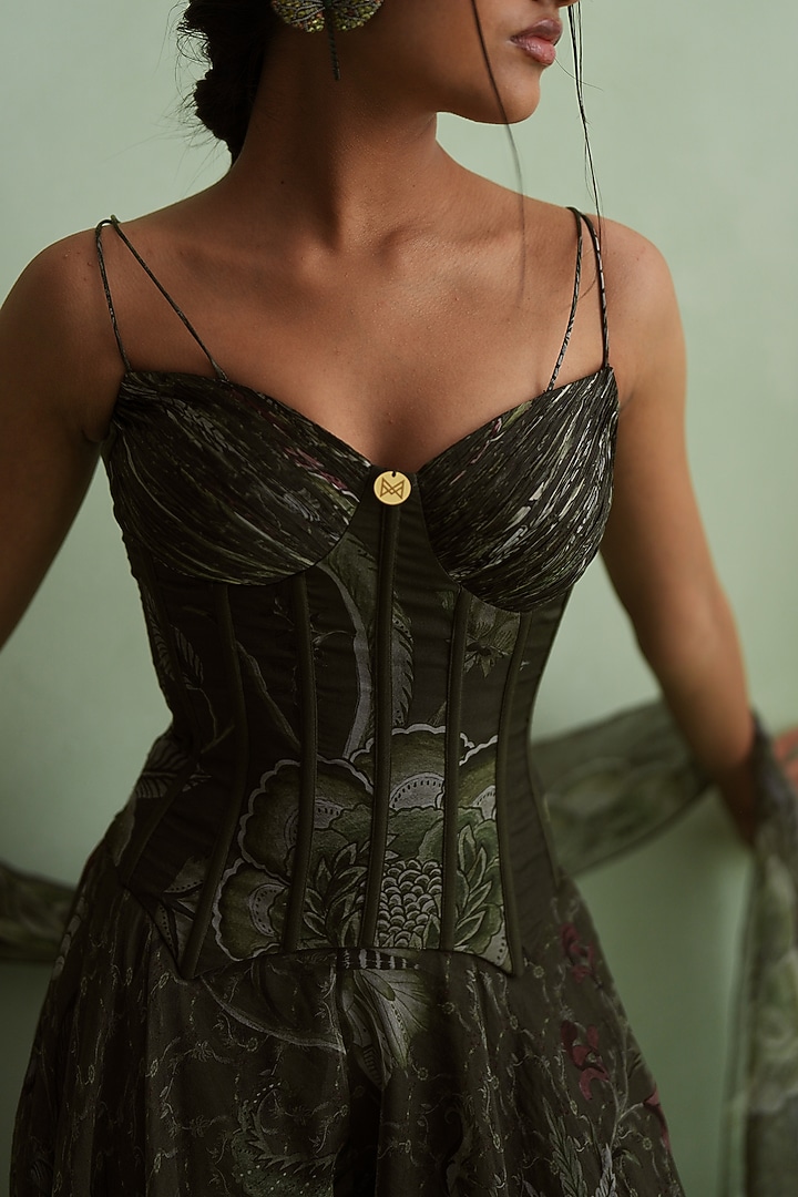 Moss Green Silk Organza Floral Printed Wedding Sharara Set by MMVM at Pernia's Pop Up Shop