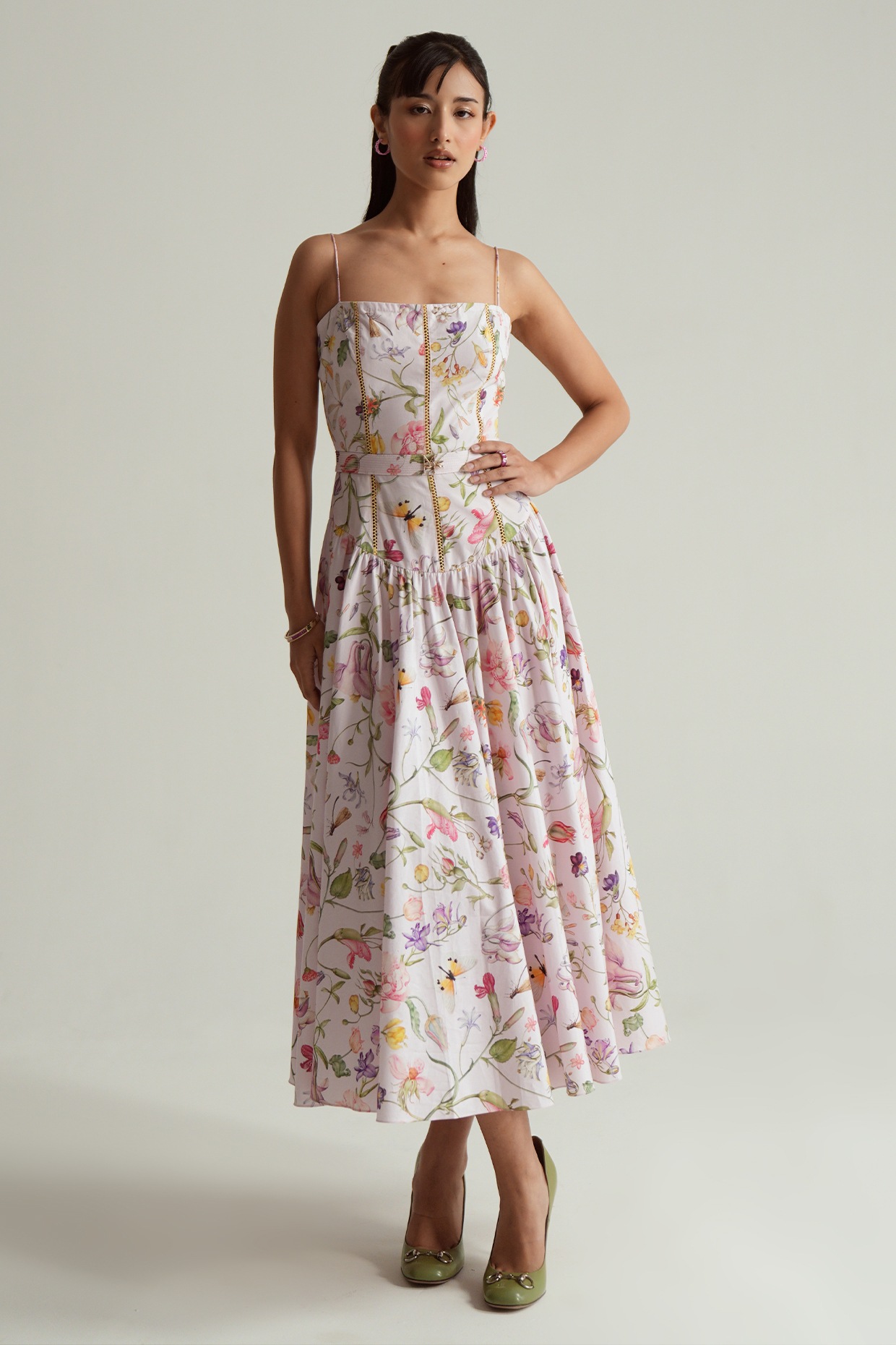 MMVM Baby Pink Cotton Poplin Floral Printed Midi Dress