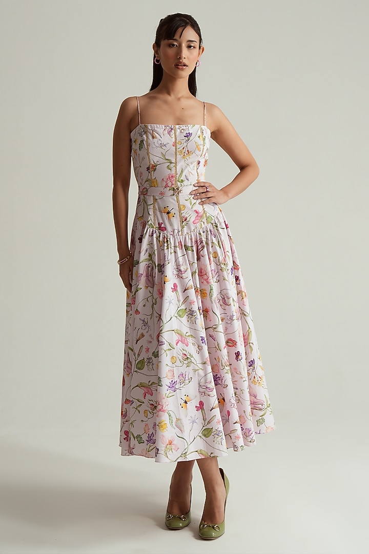 Baby Pink Cotton Poplin Floral Printed Midi Vacation Dress by MMVM at Pernia's Pop Up Shop