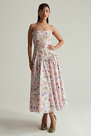 Baby Pink Cotton Poplin Floral Printed Midi Dress by MMVM