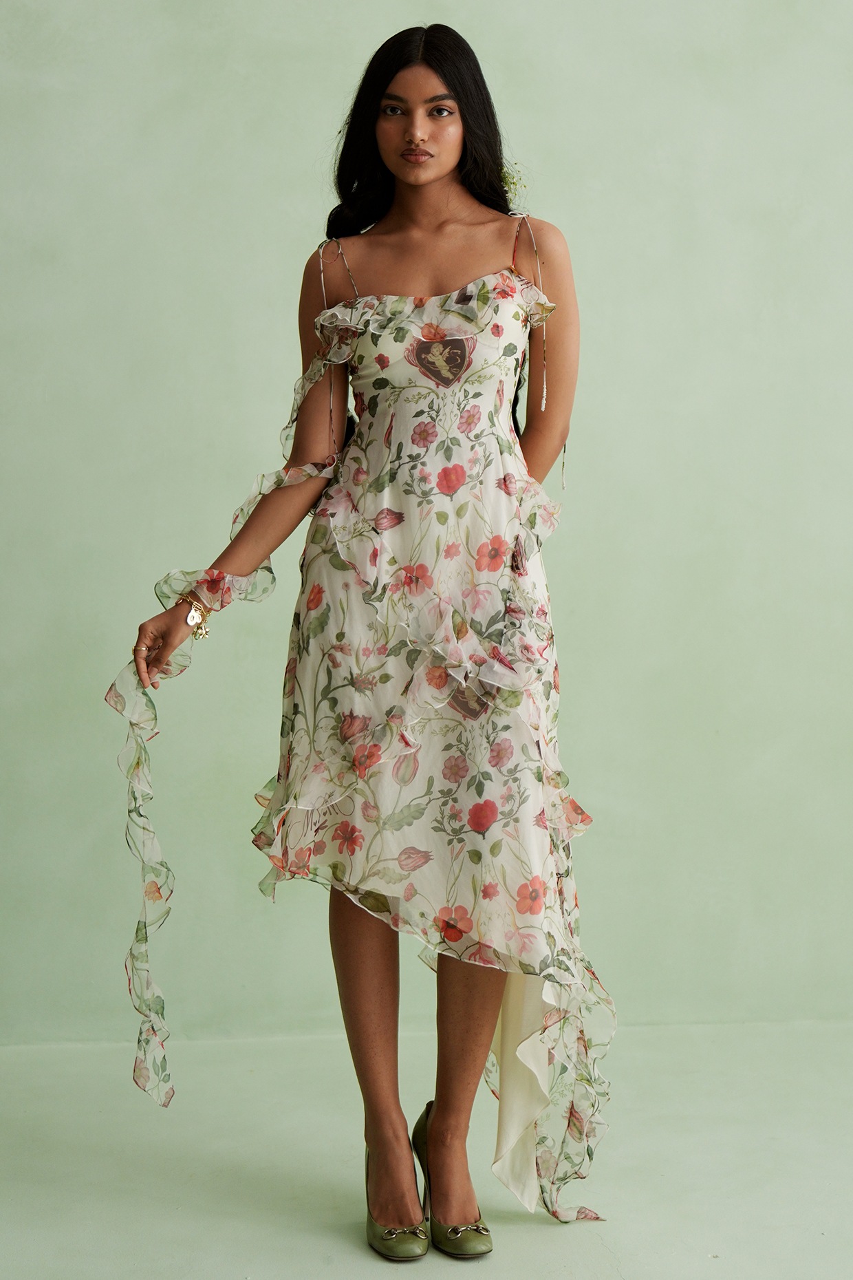 MMVM Ivory Silk Organza Floral Printed Asymmetrical Midi Dress