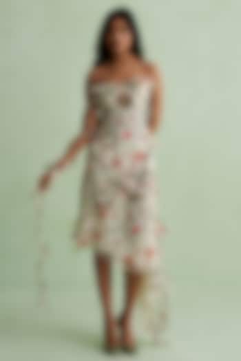 Ivory Silk Organza Floral Printed Asymmetrical Midi Vacation Dress by MMVM at Pernia's Pop Up Shop