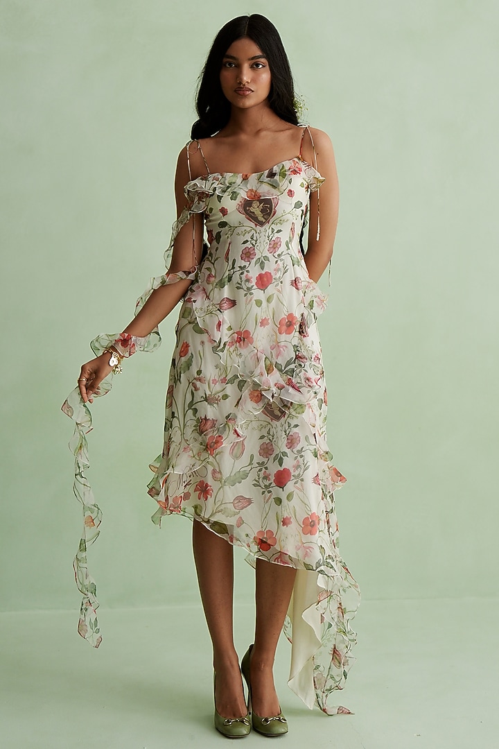 Ivory Silk Organza Floral Printed Asymmetrical Midi Vacation Dress by MMVM at Pernia's Pop Up Shop