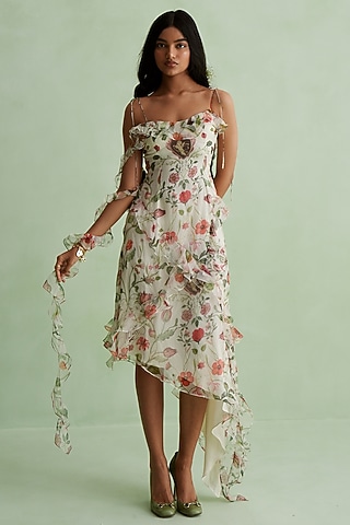 Ivory Silk Organza Floral Printed Asymmetrical Midi Dress by MMVM