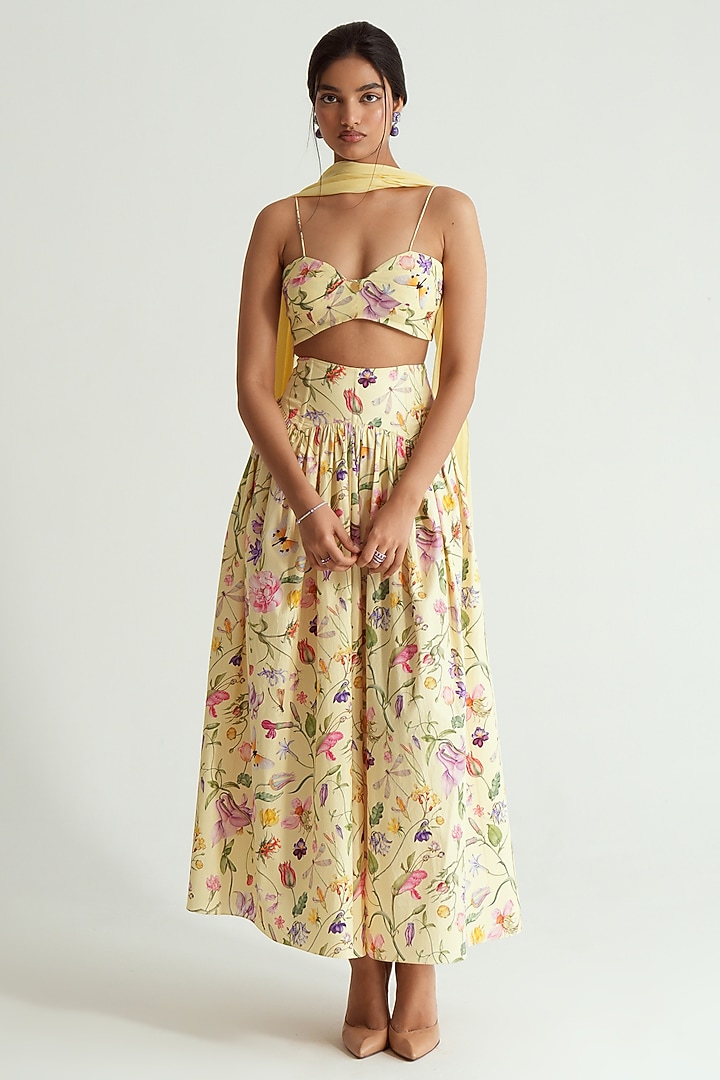 Butter Yellow Poplin Floral Printed Skirt Set by MMVM at Pernia's Pop Up Shop
