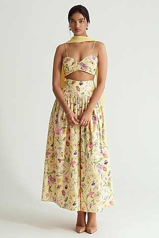 Butter Yellow Poplin Floral Printed Skirt Set by MMVM