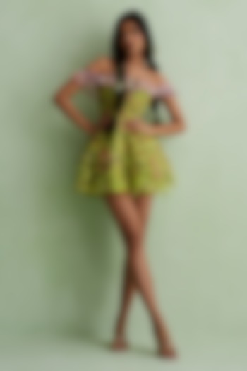Neon Green Silk Organza Floral Printed Off-Shoulder Vacation Dress by MMVM at Pernia's Pop Up Shop