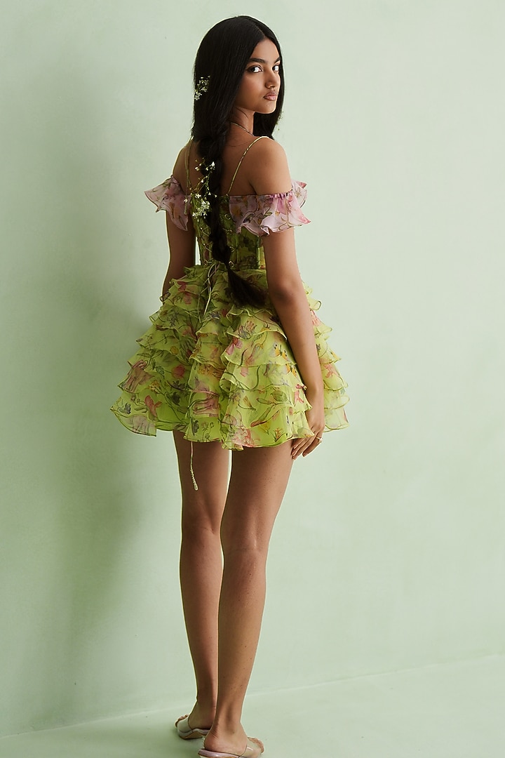 Neon Green Silk Organza Floral Printed Off-Shoulder Vacation Dress by MMVM at Pernia's Pop Up Shop