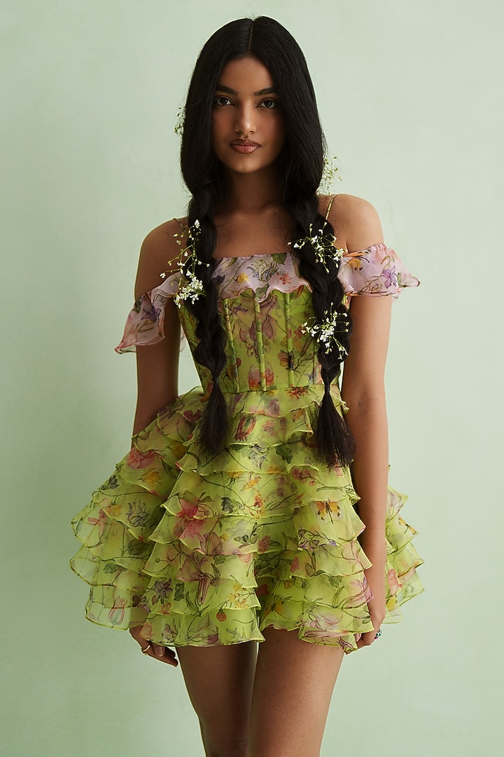 Neon Green Silk Organza Floral Printed Off-Shoulder Vacation Dress by MMVM at Pernia's Pop Up Shop