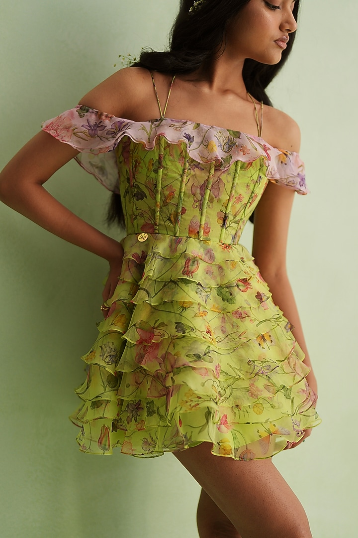 Neon Green Silk Organza Floral Printed Off-Shoulder Vacation Dress by MMVM at Pernia's Pop Up Shop
